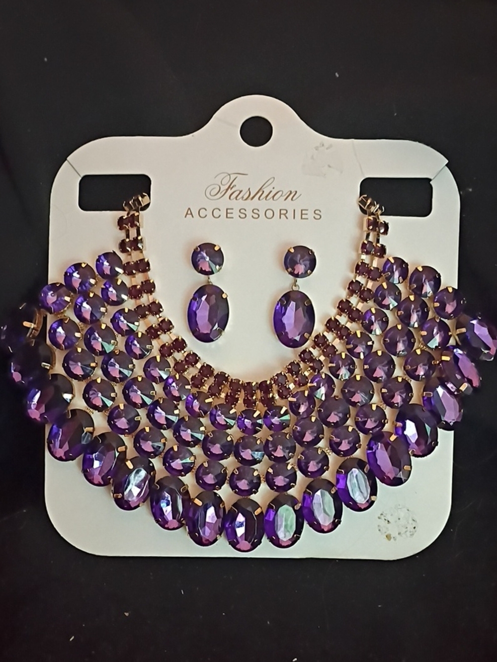 Purple Crystal Bib Necklace with Matching Earrings